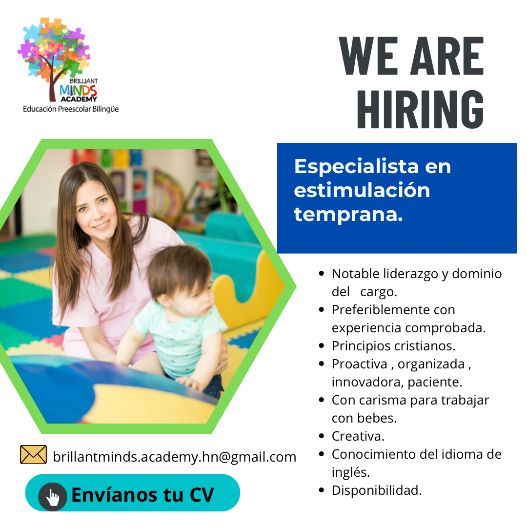 📢 ¡Estamos contratando! En Brilliant Minds Academy buscamos Especialista en Estimulación Temprana con vocación, amor por la niñez y compromiso con el desarrollo integral de los pequeños. Requisitos: ✔️ Formación en Estimulación Temprana, Educación Inicial o áreas afines ✔️ Experiencia con niños de 0 a 5 años ✔️ Creatividad, paciencia y responsabilidad ✔️ Trabajo en equipo y buena comunicación 📍 Ubicación: El Chimbo, Santa Lucía 📩 Interesadas enviar CV al correo.